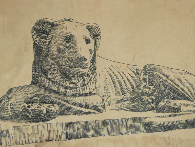 Lion du Dromos du S&eacute;rap&eacute;um de Memphis – Dessin original sign&eacute; – XXXe dynastie. Louis Henri Laffill&eacute;e