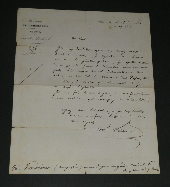 Jean Baptiste Philibert VAILLANT LETTRE AUTOGRAPHE SIGN&Eacute;E refus d'emploi XIX&egrave;me. Jean-Baptiste Philibert VAILLANT