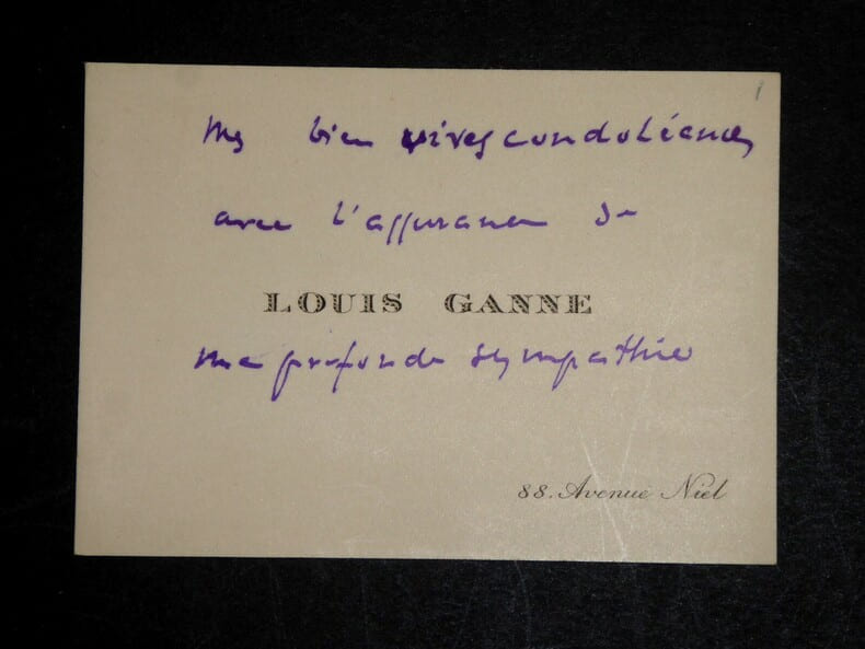 GANNE Louis - Carte de visite annot&eacute;e - Condol&eacute;ances - Autographe. Louis Ganne