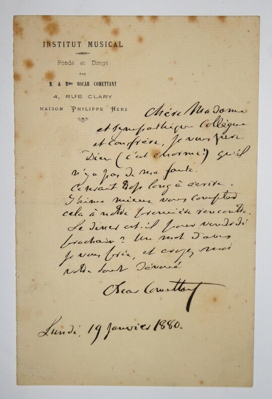 COMETTANT Oscar - LETTRE AUTOGRAPHE SIGN&Eacute;E, INSTITUT MUSICAL, 1880. Oscar Comettant