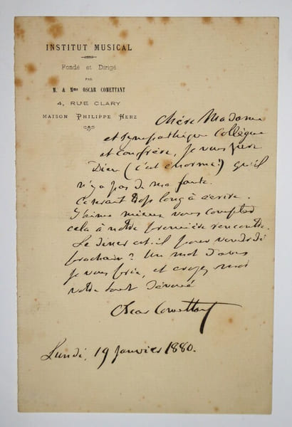 COMETTANT Oscar - LETTRE AUTOGRAPHE SIGN&Eacute;E, INSTITUT MUSICAL, 1880. Oscar Comettant