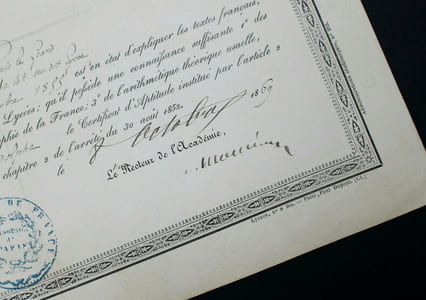 Adolphe ADERER - CERTIFICAT D'EXAMEN DE GRAMMAIRE SOUS L'EMPIRE, 1869