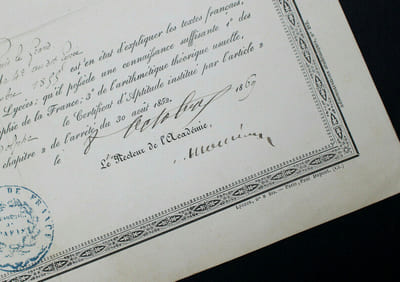 Adolphe ADERER - CERTIFICAT D'EXAMEN DE GRAMMAIRE SOUS L'EMPIRE, 1869