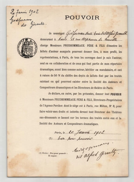 Pouvoir sign&eacute; Andr&eacute; Godfernaux – Collection coh&eacute;rente de 50 auteurs & musiciens. Andr&eacute; Godfernaux dit Alfred Girault