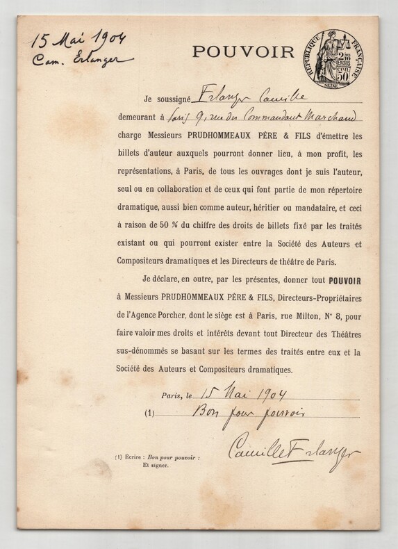 Pouvoir sign&eacute; Camille Erlanger – Collection coh&eacute;rente de 50 auteurs & musiciens. Camille Erlanger