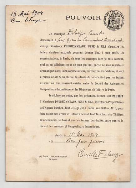 Pouvoir sign&eacute; Camille Erlanger – Collection coh&eacute;rente de 50 auteurs & musiciens. Camille Erlanger
