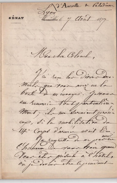 Louis d'AURELLE DE PALADINES Lettre autographe sign&eacute;e, Lyon, 1877, 3 pages. Louis d'AURELLE DE PALADINES