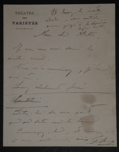 Lettre autographe sign&eacute;e &agrave; Louis Artus, Th&eacute;&acirc;tre des Vari&eacute;t&eacute;s. Fernand Samuel