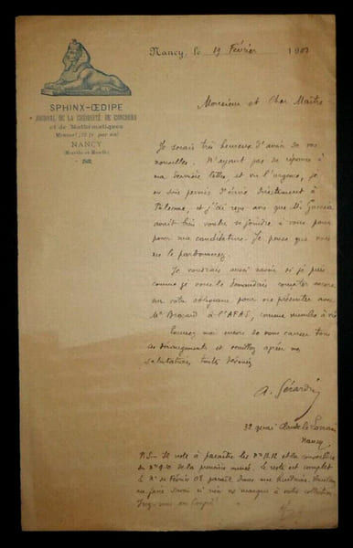 Andr&eacute; G&Eacute;RARDIN, Math&eacute;maticien - LETTRE AUTOGRAPHE SIGN&Eacute;E SUR l'AFAS, 1908. Andr&eacute; G&Eacute;RARDIN