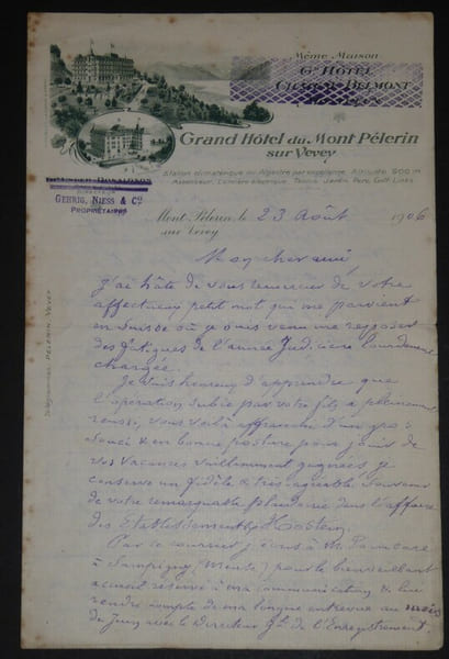 BERR Charles - LETTRE AUTOGRAPHE SIGN&Eacute;E, GRAND HOTEL MONT P&Egrave;LERIN, SUISSE, 1906. Charles Berr