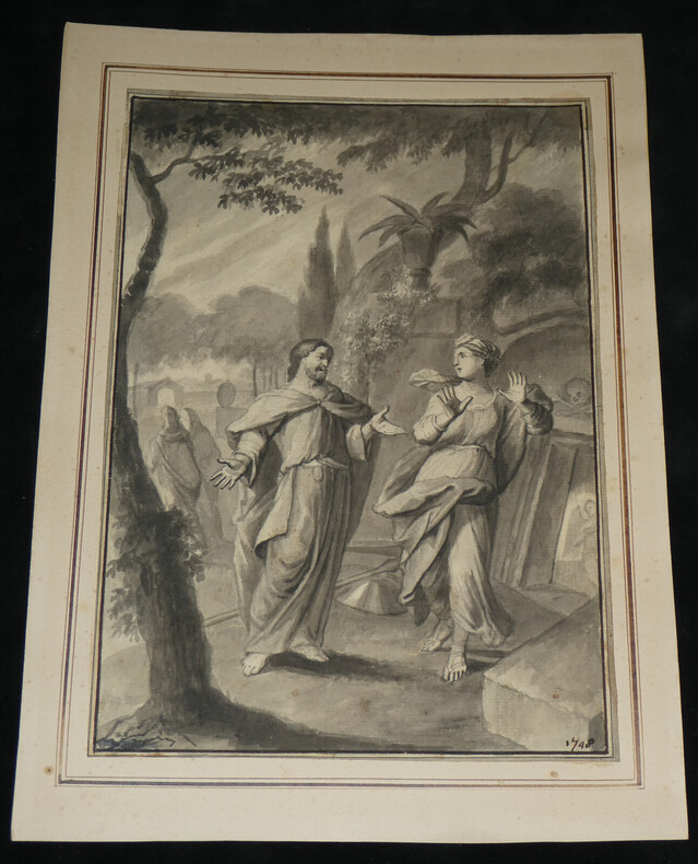 Lavis original - 1748 - un homme et une femme au jardin. Anonyme