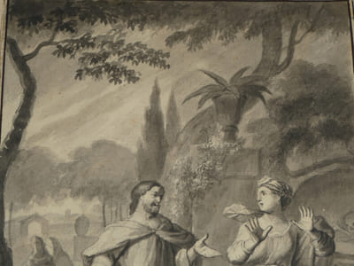 Lavis original - 1748 - un homme et une femme au jardin