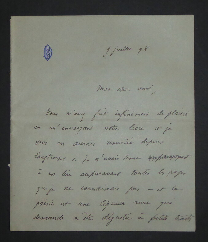 Lettre autographe sign&eacute;e et dat&eacute;e du 9 juillet 1898 - po&eacute;sie, acad&eacute;mie de m&eacute;decine. Daniel Berthelot