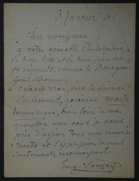 Eug&egrave;ne SAUZAY - Lettre Autographe Sign&eacute;e "cela est vrai, vive la science", 1891. Eug&egrave;ne SAUZAY
