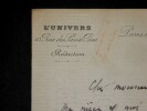 VEUILLOT Eug&egrave;ne - LETTRE AUTOGRAPHE SIGN&Eacute;E, REDACTION L'UNIVERS, PARIS, 1895. Eug&egrave;ne Veuillot