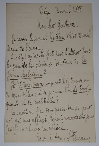 LETTRE AUTOGRAPHE SIGN&Eacute;E, LI&Egrave;GE 1888. Victor H&eacute;naux