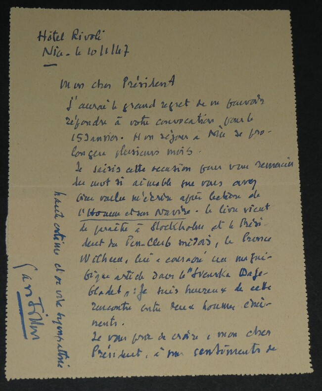 Simon Gantillon - LETTRE AUTOGRAPHE SIGN&Eacute;E &agrave; Jean Schlumberger, Pen Club, 1947. Simon Gantillon