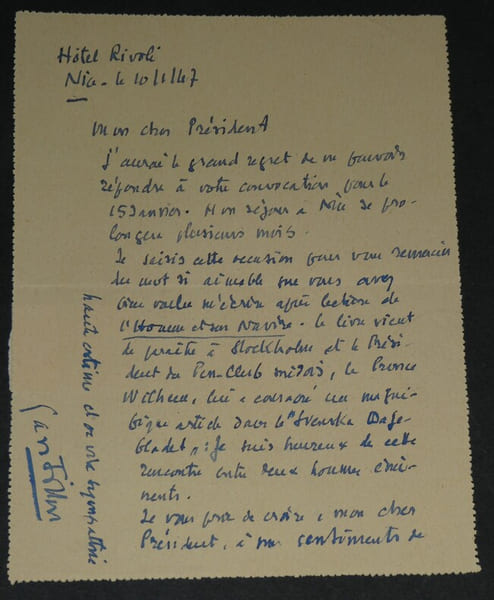 Simon Gantillon - LETTRE AUTOGRAPHE SIGN&Eacute;E &agrave; Jean Schlumberger, Pen Club, 1947. Simon Gantillon