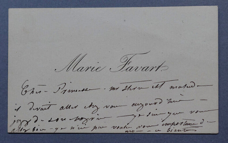 Marie FAVART, Actrice fran&ccedil;aise - CARTE DE VISITE AVEC NOTE AUTOGRAPHE. Marie FAVART