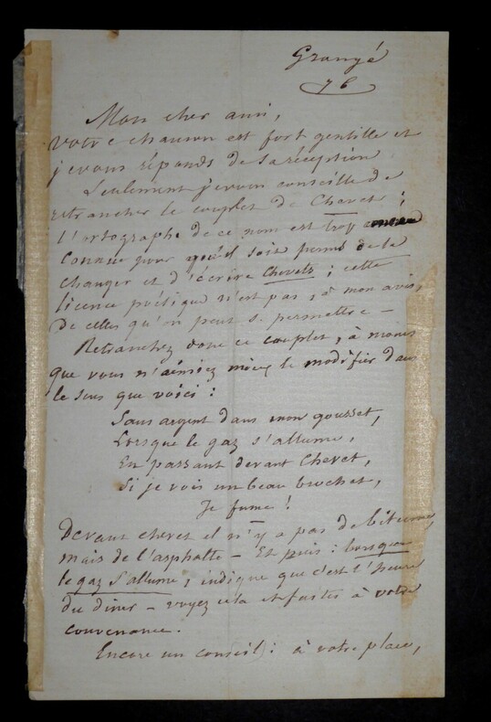 GRANGE Eug&egrave;ne - LETTRE AUTOGRAPHE SIGNEE, CHANSON "Chevets", PARIS. Eug&egrave;ne Grang&eacute;