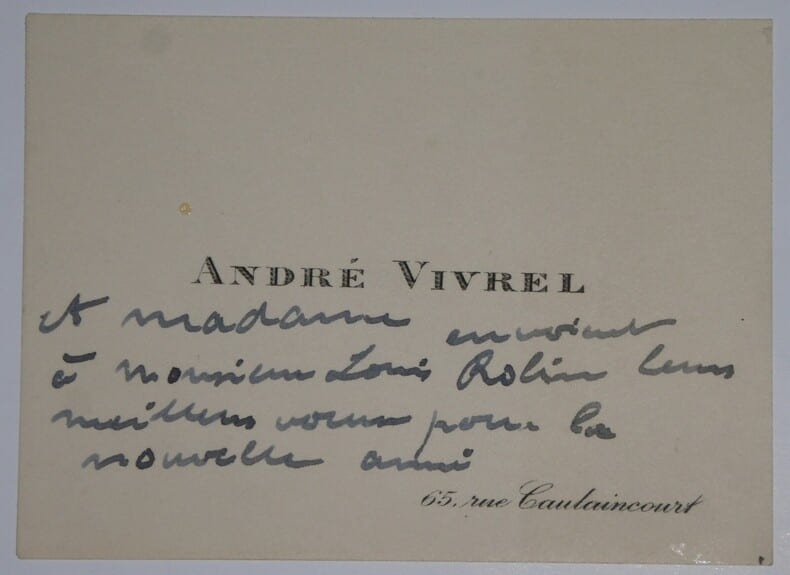 CARTE DE VISITE AUTOGRAPHE SIGN&Eacute;E &Agrave; Louis ROBIN, PARIS. VIVREL Andr&eacute;-L&eacute;on