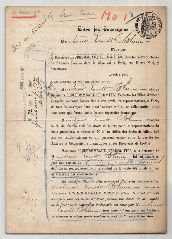 Pouvoir sign&eacute; par Ernest Blum – Collection coh&eacute;rente de 50 auteurs & musiciens. Ernest Blum
