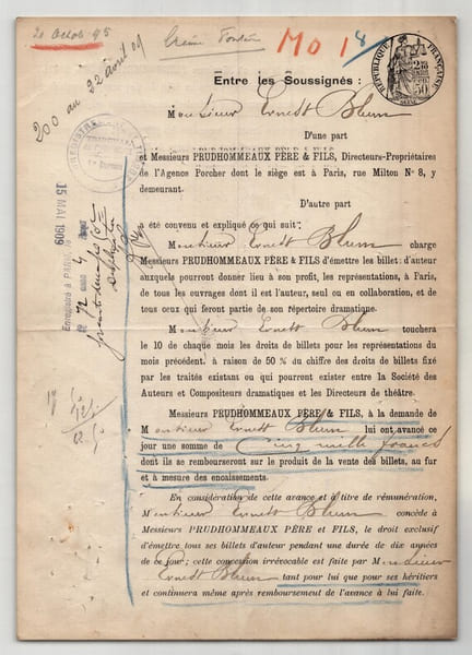 Pouvoir sign&eacute; par Ernest Blum – Collection coh&eacute;rente de 50 auteurs & musiciens. Ernest Blum