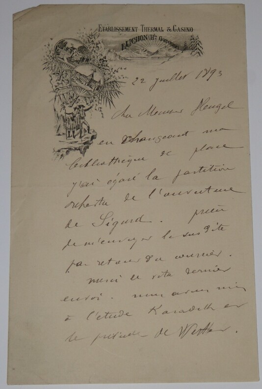 LETTRE AUTOGRAPHE SIGNEE, &Agrave; Henri HEUGEL, THERMES LUCHON 1893. BROUSTET Edouard