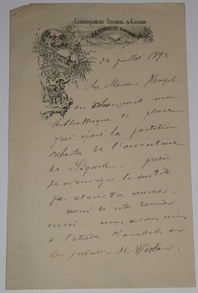 LETTRE AUTOGRAPHE SIGNEE, &Agrave; Henri HEUGEL, THERMES LUCHON 1893. BROUSTET Edouard