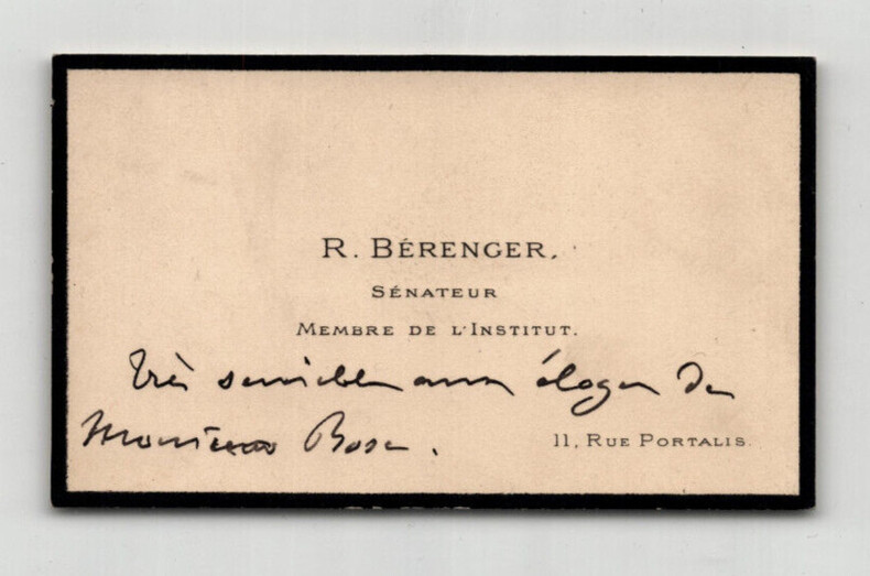 Ren&eacute; B&eacute;renger - Carte de visite autographe &agrave; Monsieur Bosc. Ren&eacute; B&eacute;renger