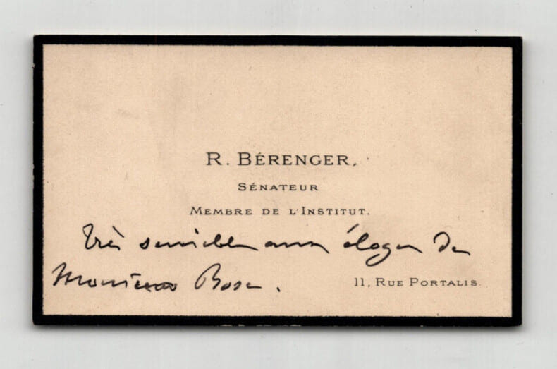 Ren&eacute; B&eacute;renger - Carte de visite autographe &agrave; Monsieur Bosc. Ren&eacute; B&eacute;renger