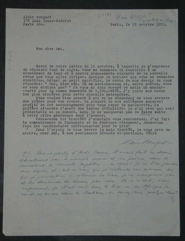 Alain BOSQUET - LETTRE AUTOGRAPHE ET TAPUSCRITE SIGN&Eacute;E, 1951, Paris. Alain BOSQUET