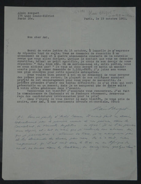 Alain BOSQUET - LETTRE AUTOGRAPHE ET TAPUSCRITE SIGN&Eacute;E, 1951, Paris. Alain BOSQUET