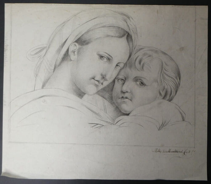 Dessin au crayon recto verso, "Melle de Montmirel" et "statue Grecque". 