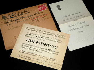 Carton d'invitation à la conférence L'Inde d'aujourd'hui de M. B.V. Keskar 1950