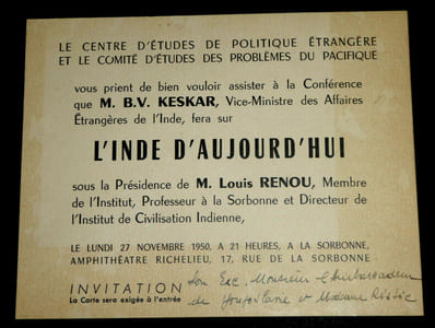 Carton d'invitation à la conférence L'Inde d'aujourd'hui de M. B.V. Keskar 1950