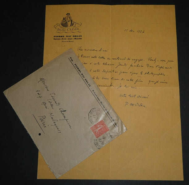 Pierre MAC ORLAN, Ecrivain - LETTRE AUTOGRAPHE SIGN&Eacute;E &Agrave; &Eacute;douard CHAMPION, 1927. Pierre MAC ORLAN