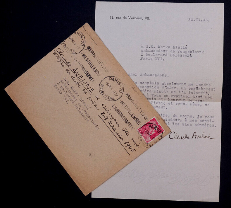 Claude AVELINE - Tapuscrit sign&eacute; &agrave; Marko Ristic, 1946. Claude AVELINE