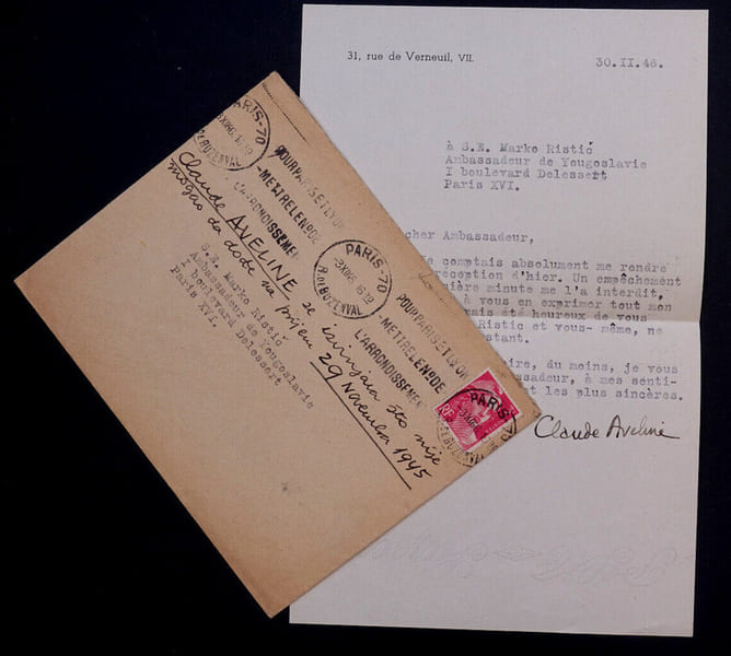 Claude AVELINE - Tapuscrit sign&eacute; &agrave; Marko Ristic, 1946. Claude AVELINE