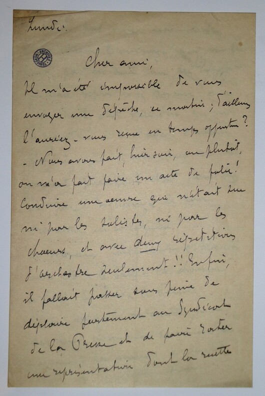 CHAUMET William - LETTRE AUTOGRAPHE SIGN&Eacute;E, DIRECTION ORCHESTRE. William Chaumet