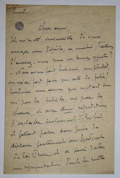 CHAUMET William - LETTRE AUTOGRAPHE SIGN&Eacute;E, DIRECTION ORCHESTRE. William Chaumet