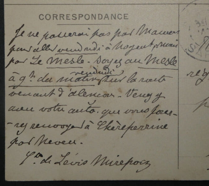 F&eacute;lix de L&eacute;vis-Mirepoix - CARTE POSTALE SIGN&Eacute;E, Ch&acirc;teau Ch&egrave;reperrine, Mars 1906. F&eacute;lix de L&eacute;vis-Mirepoix