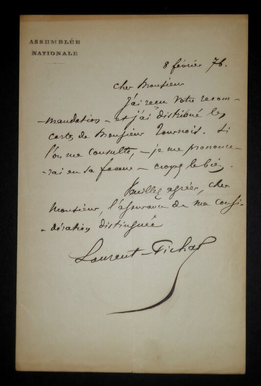 LAURENT-PICHAT L&eacute;on - LETTRE AUTOGRAPHE SIGN&Eacute;E, ASSEMBL&Eacute;E NATIONALE, PARIS, 1876. L&eacute;on Laurent-Pichat