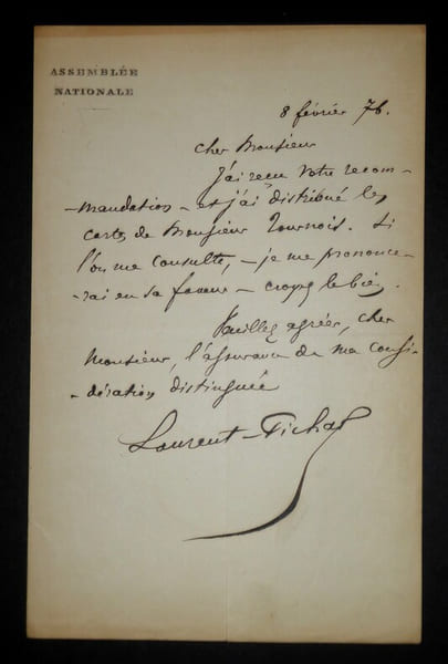 LAURENT-PICHAT L&eacute;on - LETTRE AUTOGRAPHE SIGN&Eacute;E, ASSEMBL&Eacute;E NATIONALE, PARIS, 1876. L&eacute;on Laurent-Pichat