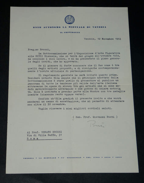 Giovanni Ponti - Lettre dactylographi&eacute;e sign&eacute;e 1953. Giovanni Ponti