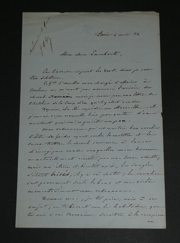 Louis Jules TROCHU , G&eacute;n&eacute;ral- LETTRE AUTOGRAPHE SIGN&Eacute;E &Agrave; M Lambert, 1854. Louis Jules TROCHU