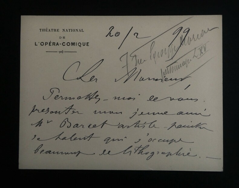 LUIGINI Alexandre - LETTRE AUTOGRAPHE SIGN&Eacute;E, OP&Eacute;RA COMIQUE, 1899. Alexandre Luigini