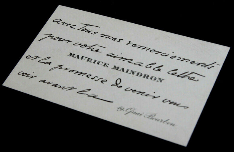 Maurice MAINDRON - Lettre autographe sign&eacute;e sur carte de visite, 13 d&eacute;cembre 1910. Maurice Maindron