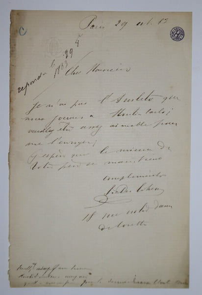 COHEN Jules - LETTRE AUTOGRAPHE SIGN&Eacute;E, PARIS 1889. Jules Cohen