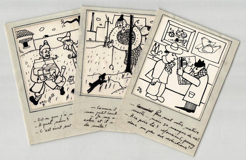 3 dessins originaux sign&eacute;s ANTI - Humour Guerre Restrictions - 1930/1940. ANTI